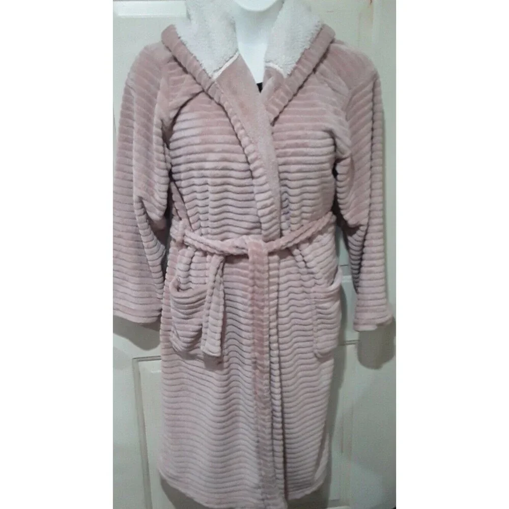 World Market Womens Pink Belted, Hooded. Pink Soft Velour Robe One Size